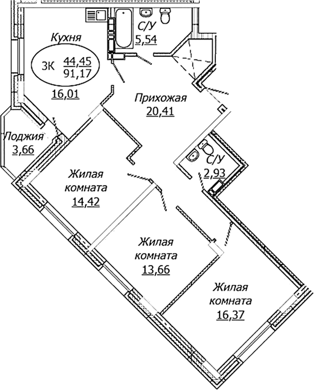 Планировка 3-к. квартира 89.34 м² в ЖК «КОМЕТА - ОКТЯБРЬСКИЙ»