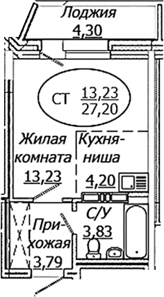 Планировка студии 25.05 м² в ЖК «КОМЕТА - ОКТЯБРЬСКИЙ»