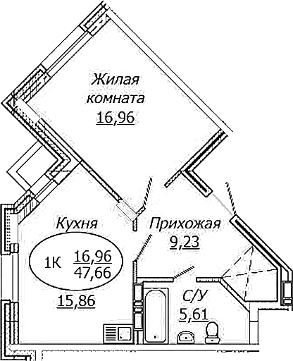 Планировка 1-к. квартира 47.66 м² в ЖК «КОМЕТА - ОКТЯБРЬСКИЙ»