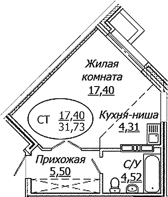 Планировка студии 31.73 м² в ЖК «КОМЕТА - ОКТЯБРЬСКИЙ»