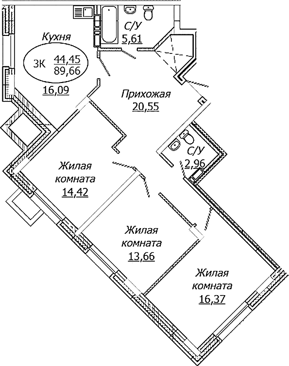 Планировка 3-к. квартира 89.66 м² в ЖК «КОМЕТА - ОКТЯБРЬСКИЙ»