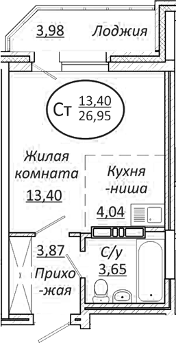 Планировка студия 24.96 м² в ЖК «Пролетарский»