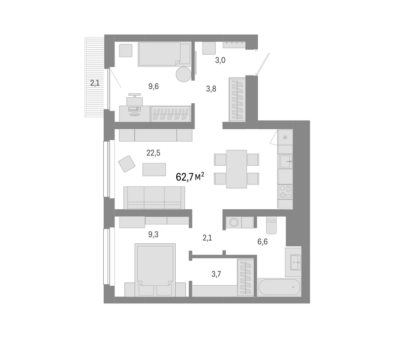 Планировка 3е-к.кв 60.60 м² в ЖК «Лебедевский»