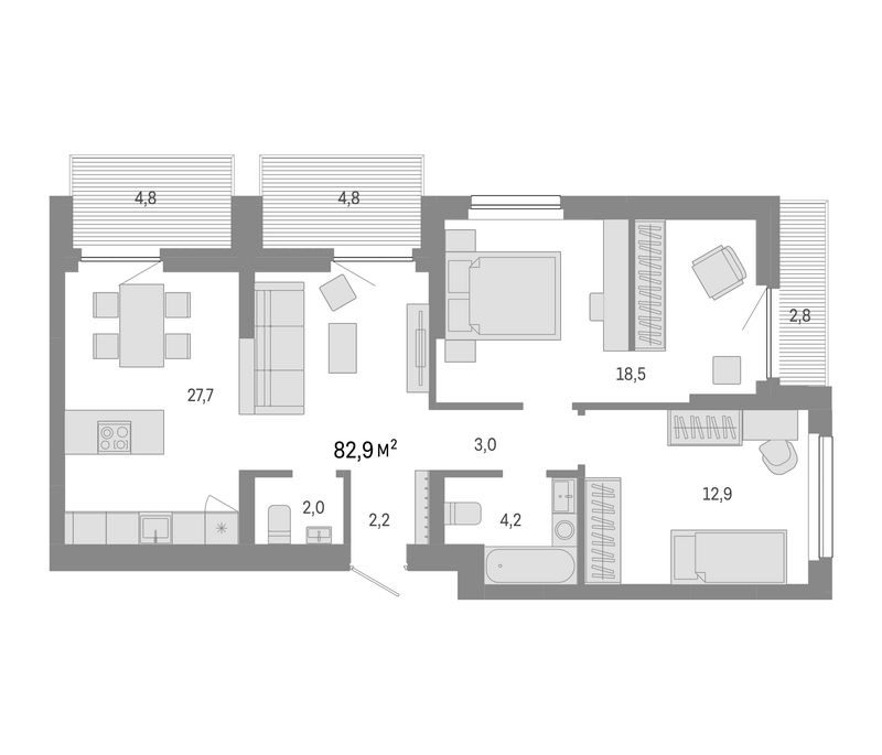 Планировка 3е-к.кв 70.50 м² в ЖК «Лебедевский»