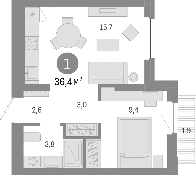 Планировка 2е-к.кв 34.50 м² в ЖК «Лебедевский»