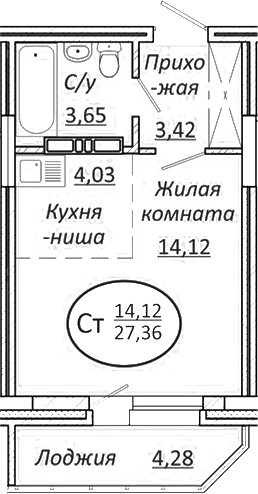 Планировка студия 25.22 м² в ЖК «Пролетарский»