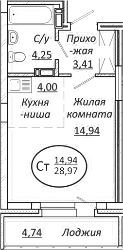 Планировка студия 26.60 м² в ЖК «Пролетарский»