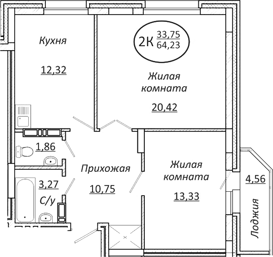 Планировка 2-к.кв 61.95 м² в ЖК «Пролетарский»