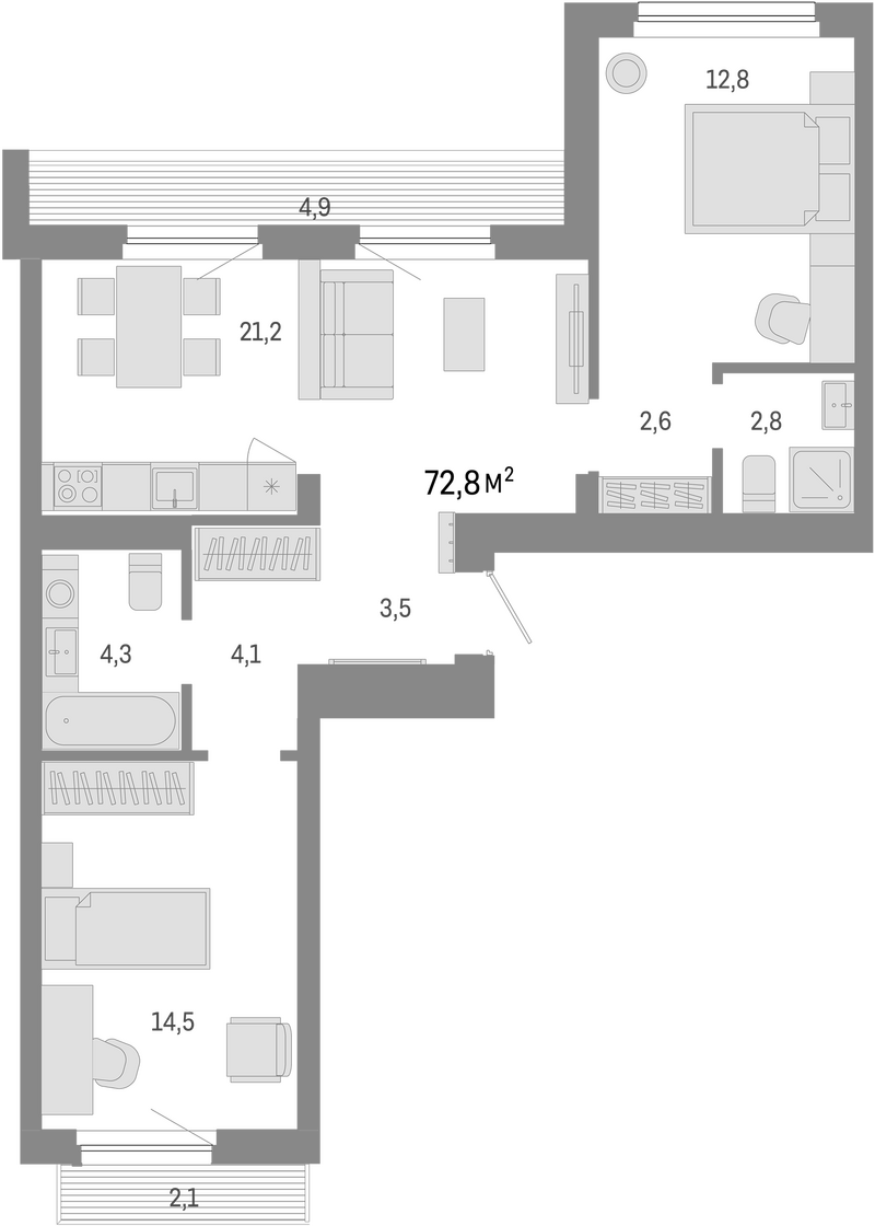 Планировка 3е-к.кв 65.80 м² в ЖК «Лебедевский»