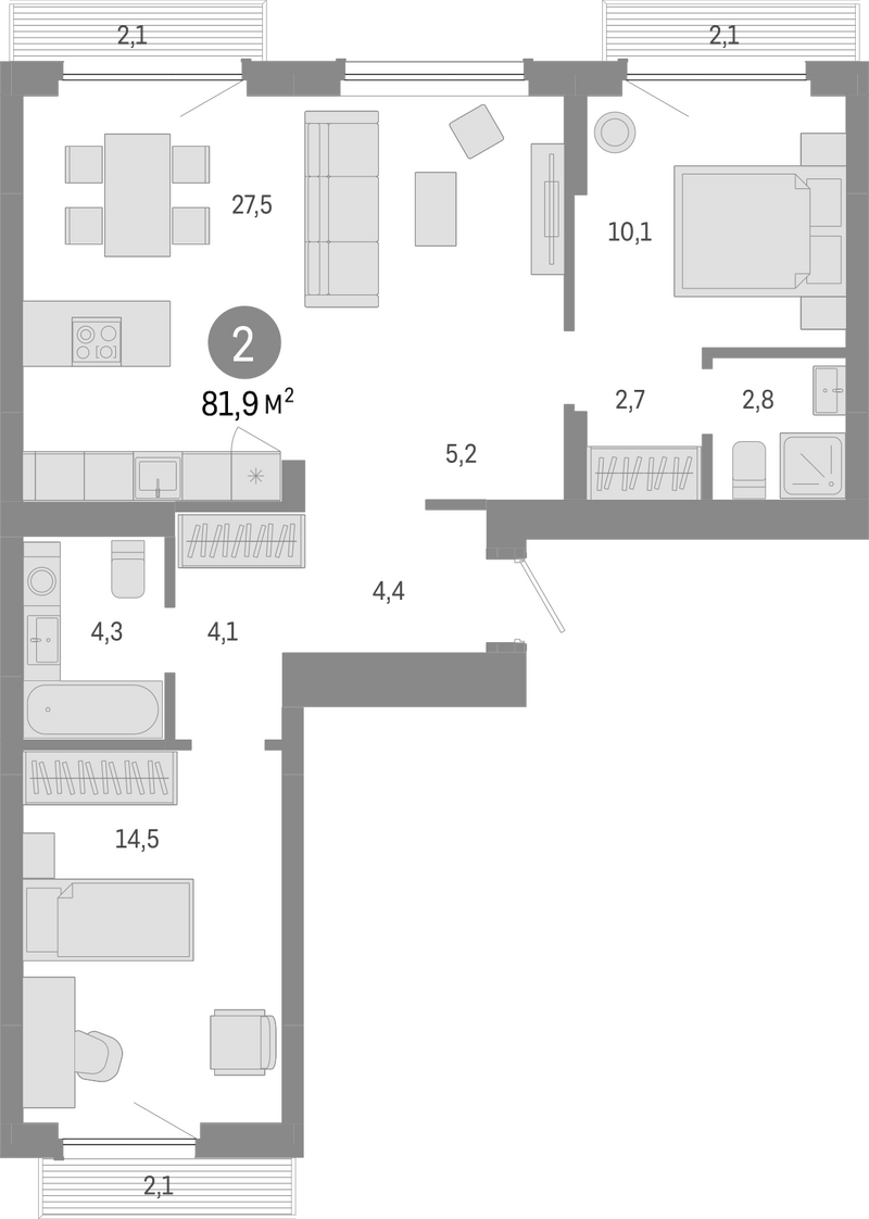 Планировка 3е-к.кв 75.60 м² в ЖК «Лебедевский»