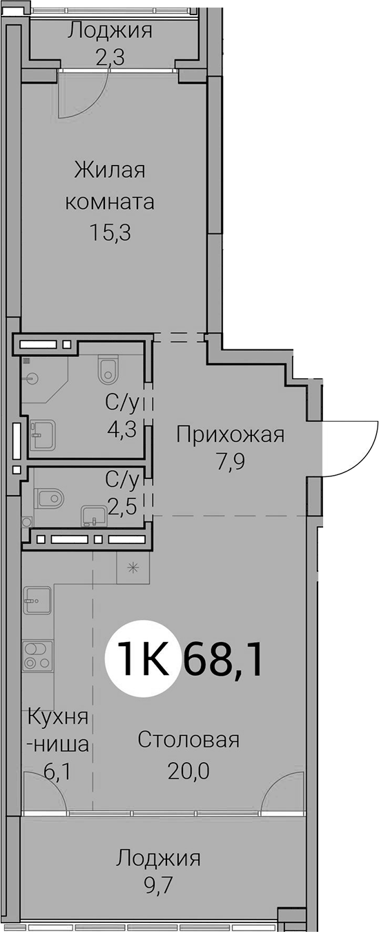 Планировка 2е-к.кв 56.10 м² в ЖК «Тайм Сквер»