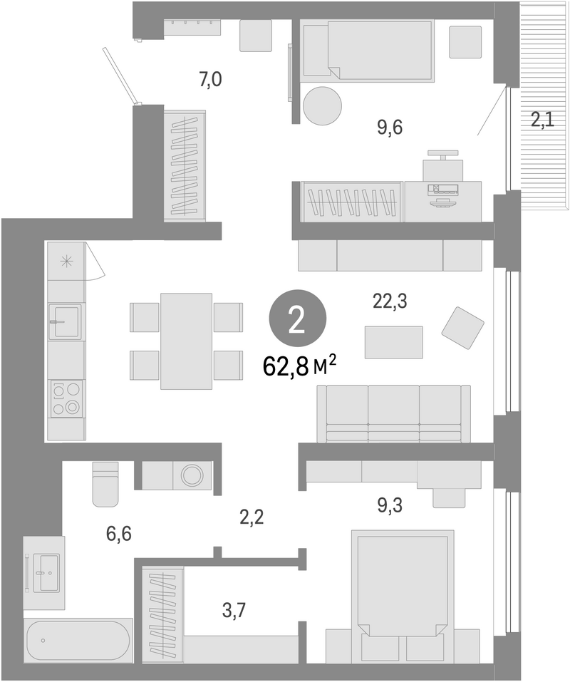 Планировка 3е-к.кв 60.70 м² в ЖК «Лебедевский»