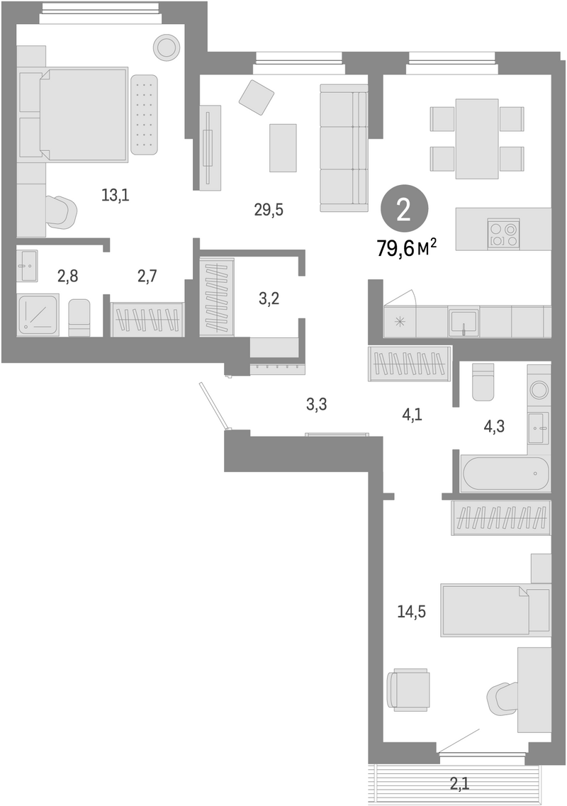 Планировка 3е-к.кв 77.50 м² в ЖК «Лебедевский»