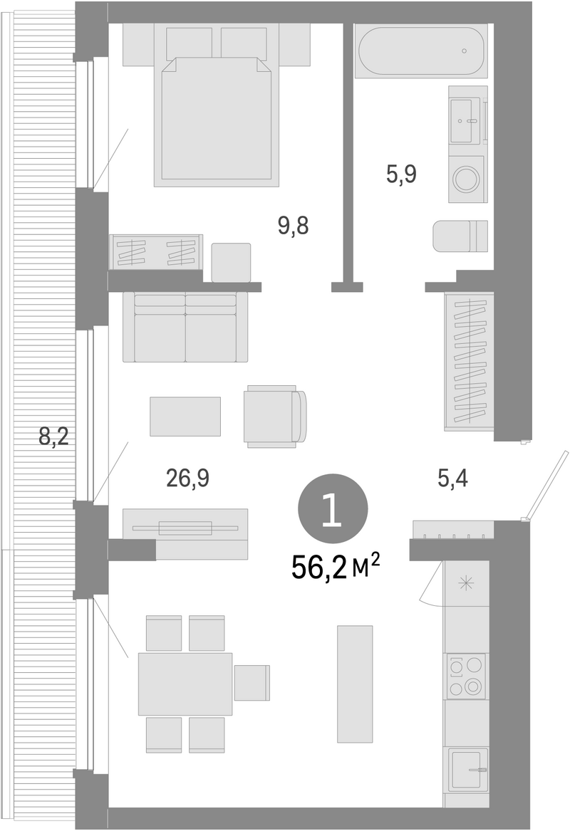 Планировка 2е-к.кв 48.00 м² в ЖК «Лебедевский»