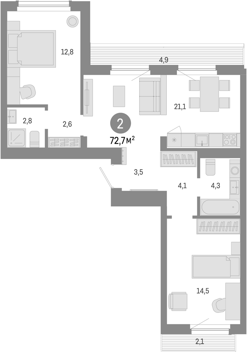 Планировка 3е-к.кв 65.70 м² в ЖК «Лебедевский»