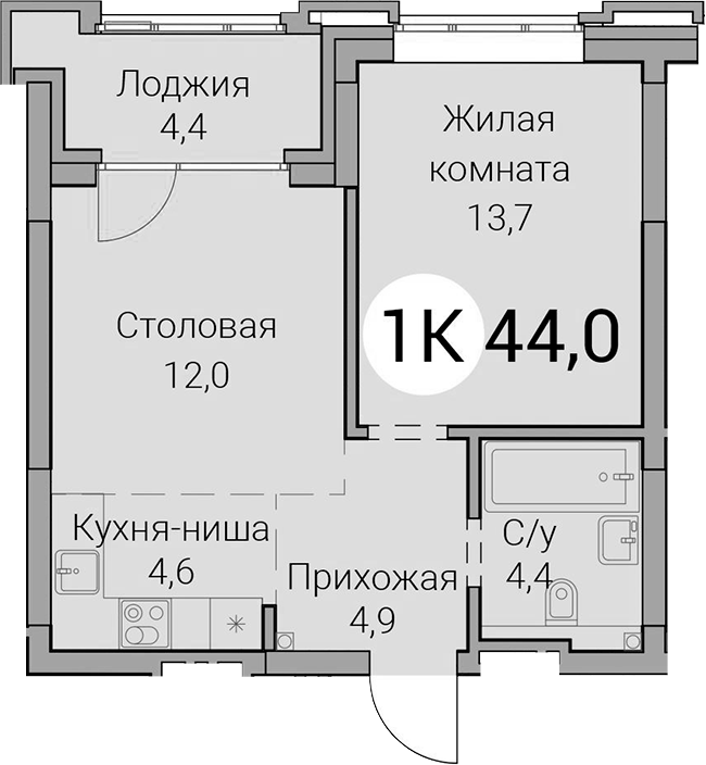 Планировка 2е-к.кв 39.60 м² в ЖК «Тайм Сквер»