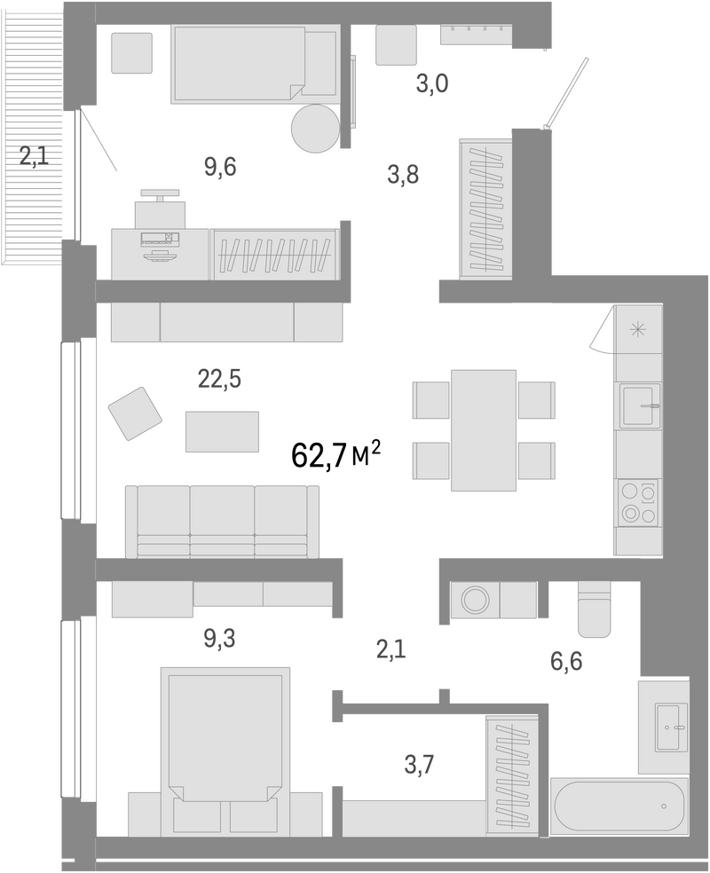 Планировка 3е-к.кв 60.60 м² в ЖК «Лебедевский»