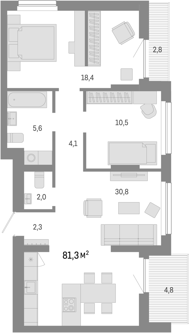 Планировка 3е-к.кв 73.70 м² в ЖК «Лебедевский»