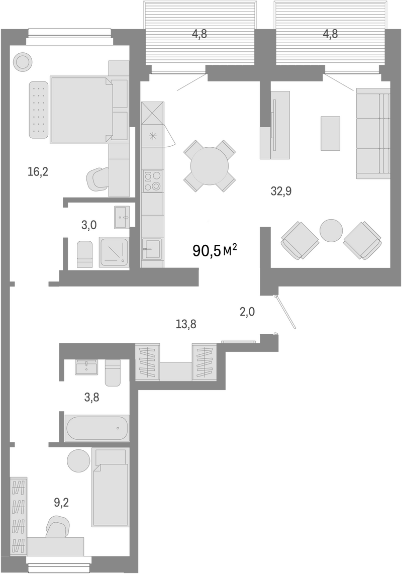 Планировка 3е-к.кв 80.90 м² в ЖК «Лебедевский»