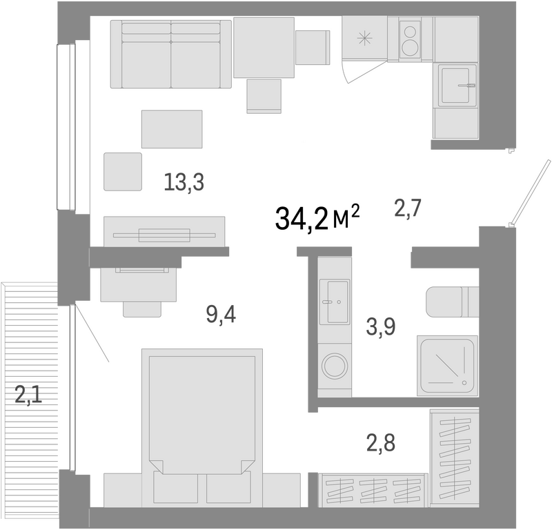 Планировка 2е-к.кв 32.10 м² в ЖК «Лебедевский»