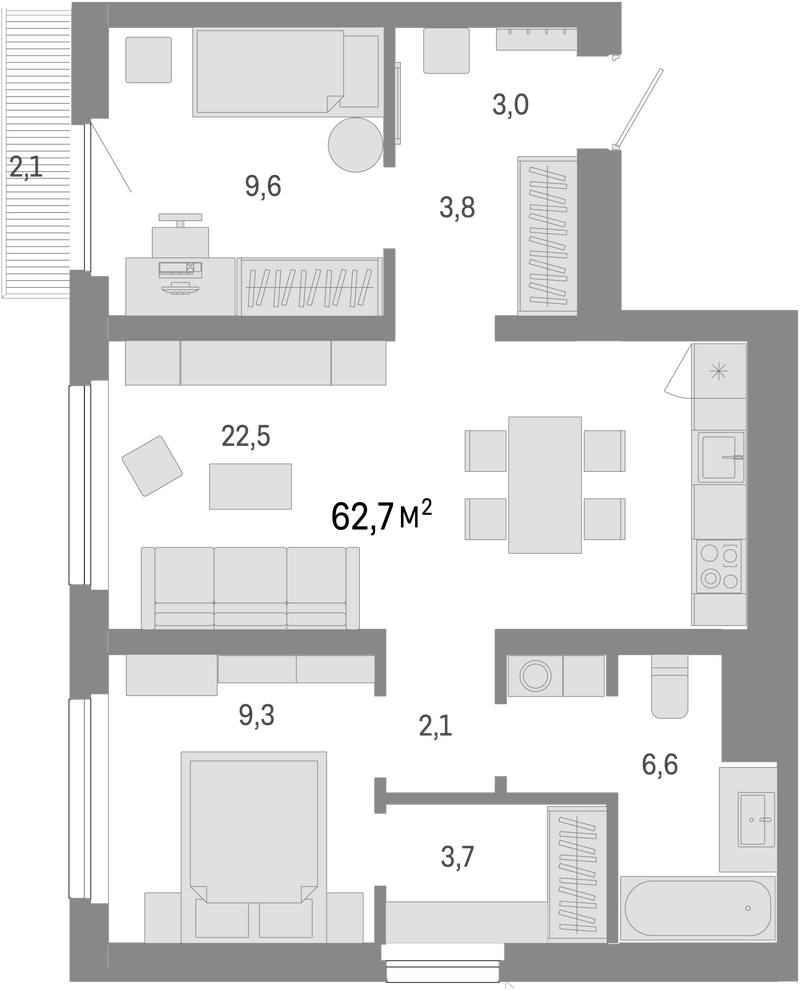 Планировка 3е-к. квартира 60.60 м² в ЖК «Лебедевский»
