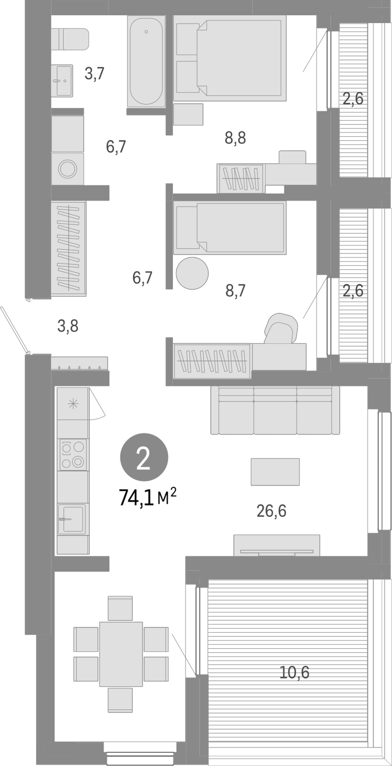 Планировка 3е-к.кв 65.72 м² в ЖК «Лебедевский»