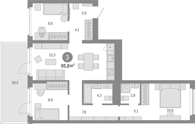 Планировка 4е-к.кв 79.60 м² в ЖК «Лебедевский»
