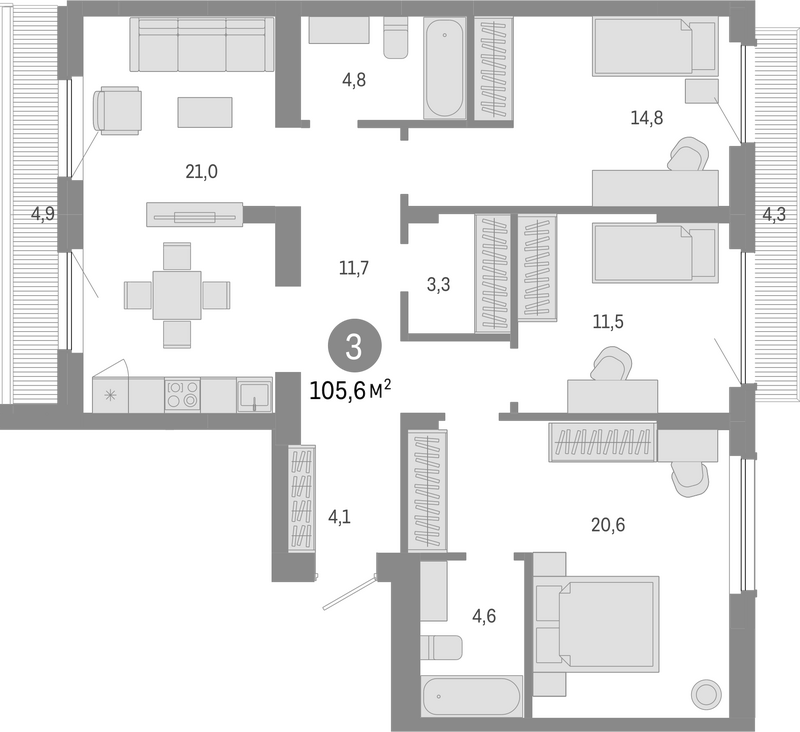 Планировка 4е-к.кв 96.40 м² в ЖК «Лебедевский»