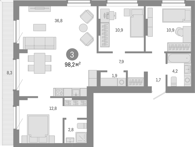 Планировка 4е-к.кв 89.90 м² в ЖК «Лебедевский»