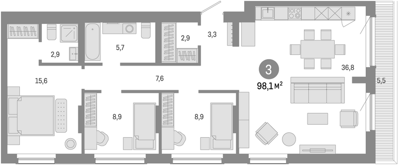 Планировка 4е-к.кв 92.60 м² в ЖК «Лебедевский»