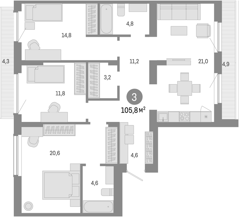 Планировка 4е-к.кв 96.60 м² в ЖК «Лебедевский»