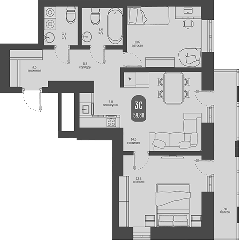 Планировка 3е-к.кв 57.60 м² в ЖК «Косарева, 6. Томск»