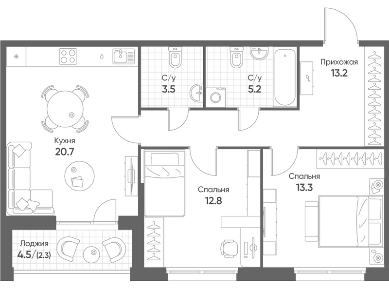 Планировка 2-к.кв 68.70 м² в ЖК «Счастье в Кольцово»