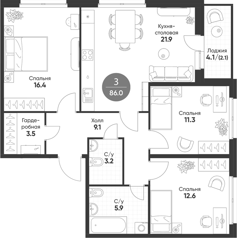 Планировка 3-к.кв 83.90 м² в ЖК «Счастье в Кольцово»