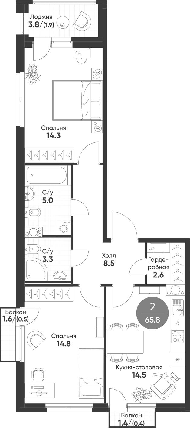 Планировка 2-к.кв 63.00 м² в ЖК «Счастье в Кольцово»