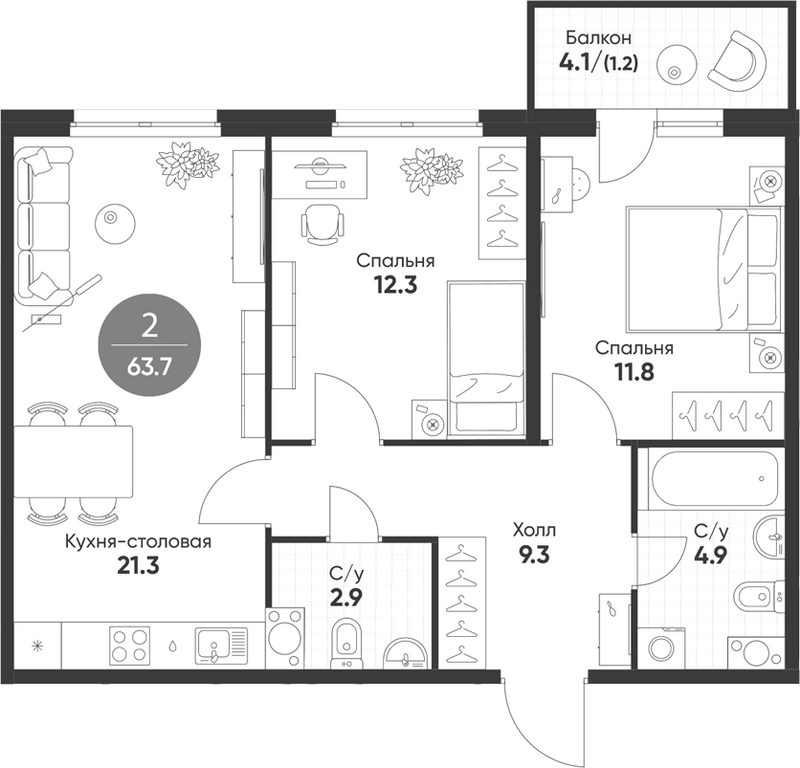 Планировка 2-к.кв 62.50 м² в ЖК «Счастье в Кольцово»