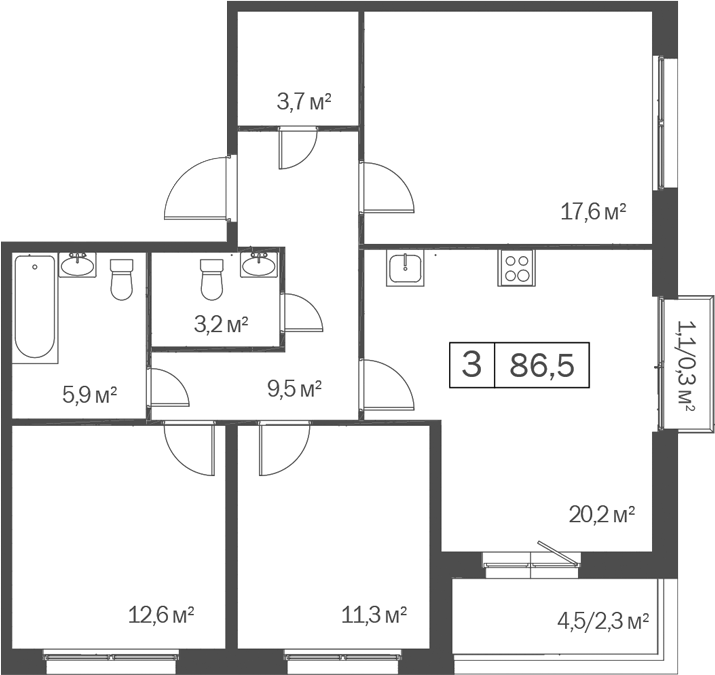 Планировка 3-к.кв 84.00 м² в ЖК «Счастье в Кольцово»