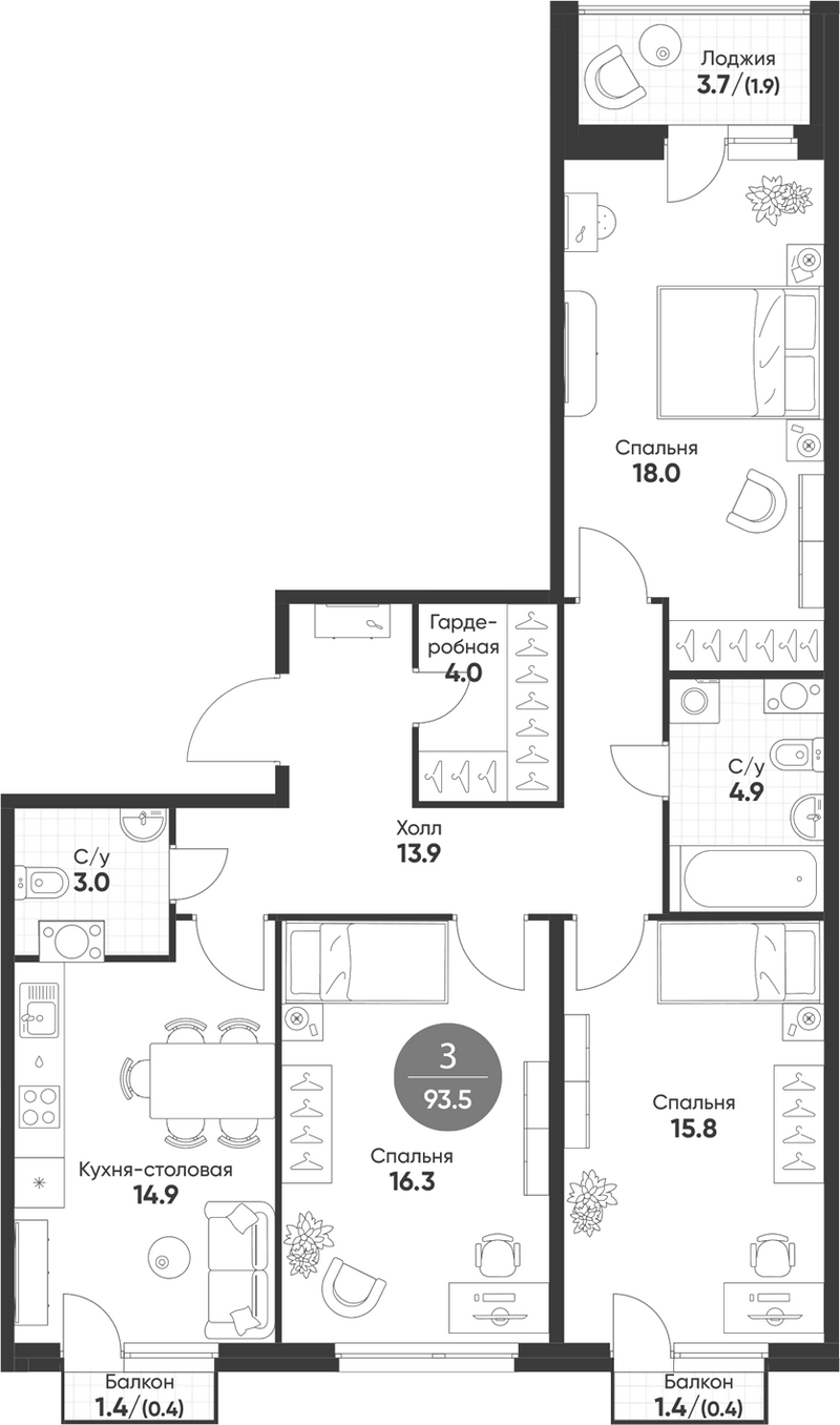 Планировка 3-к.кв 90.80 м² в ЖК «Счастье в Кольцово»