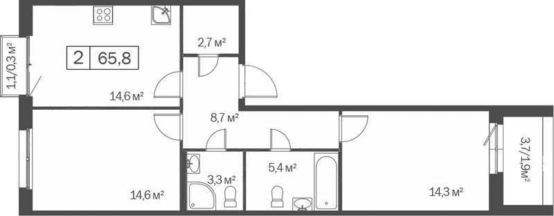 Планировка 2-к.кв 63.60 м² в ЖК «Счастье в Кольцово»