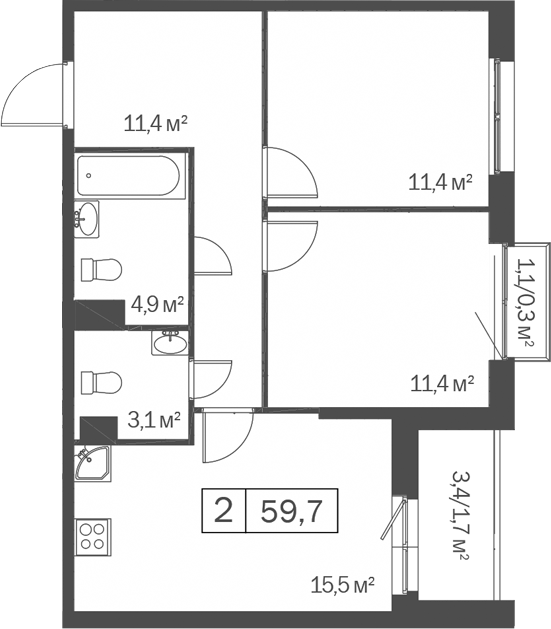 Планировка 2-к.кв 57.70 м² в ЖК «Счастье в Кольцово»