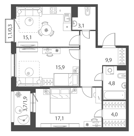 Планировка 2-к.кв 69.90 м² в ЖК «Счастье в Кольцово»