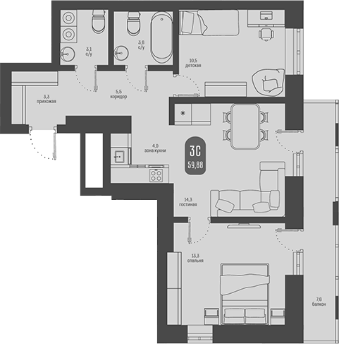 Планировка 3е-к.кв 57.60 м² в ЖК «Косарева, 6. Томск»