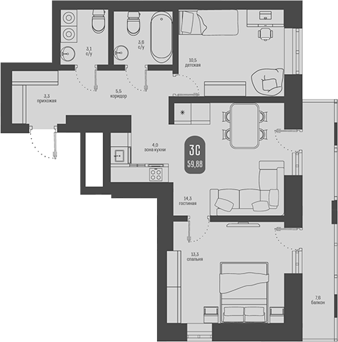 Планировка 3е-к.кв 57.60 м² в ЖК «Косарева, 6. Томск»