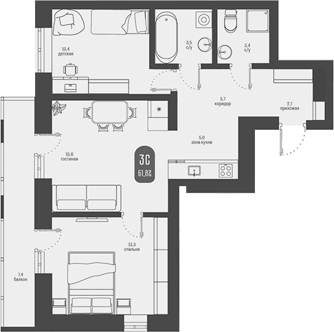 Планировка 3е-к.кв 59.60 м² в ЖК «Косарева, 6. Томск»