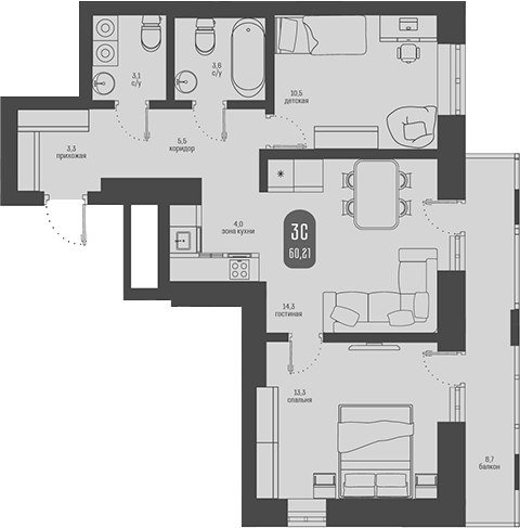 Планировка 3е-к.кв 57.60 м² в ЖК «Косарева, 6. Томск»