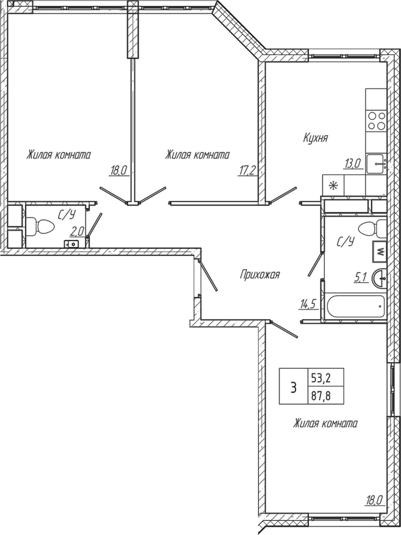 Планировка 3-к.кв 87.80 м² в ЖК «Шория-Град. Шерегеш»