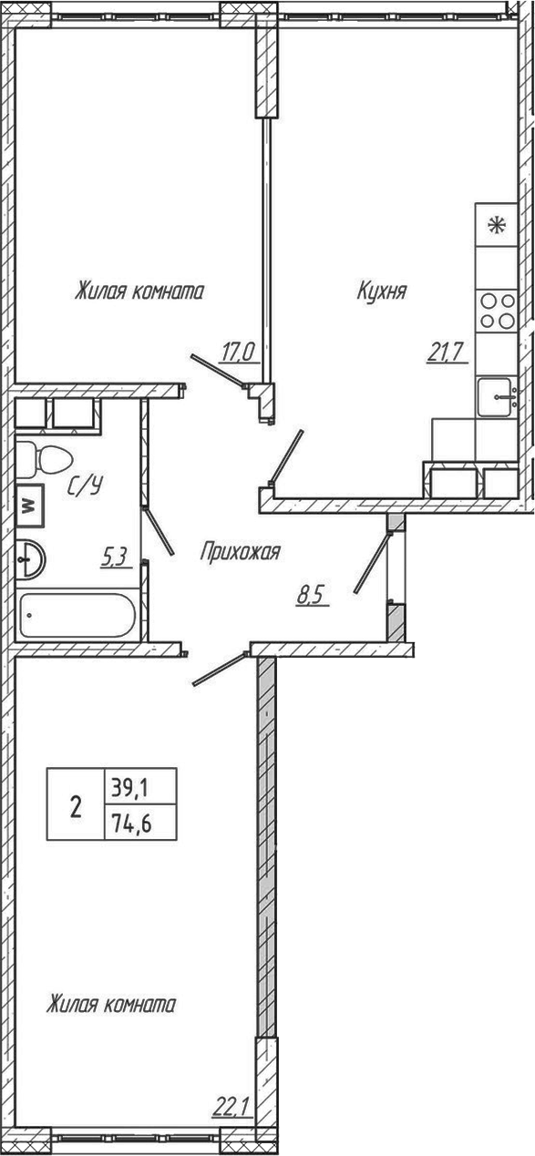 Планировка 2-к.кв 74.60 м² в ЖК «Шория-Град. Шерегеш»