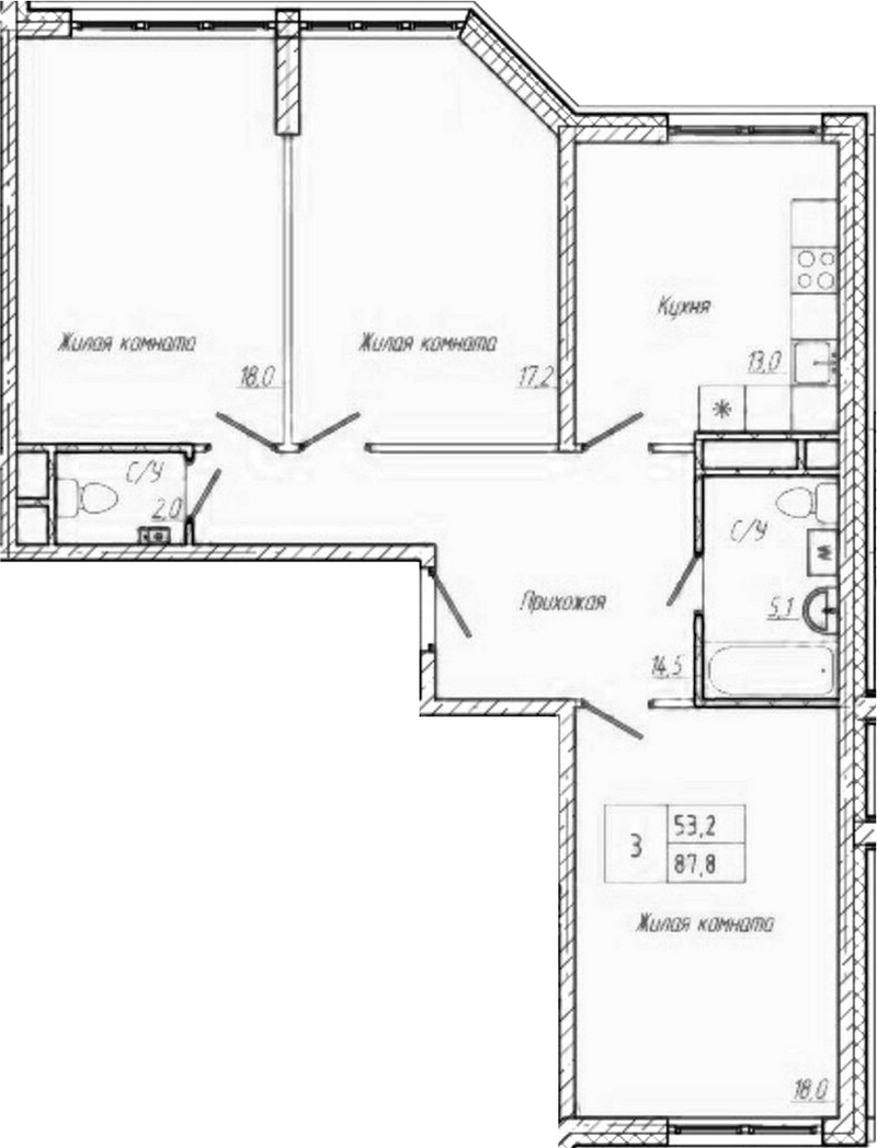 Планировка 3-к.кв 87.80 м² в ЖК «Шория-Град. Шерегеш»