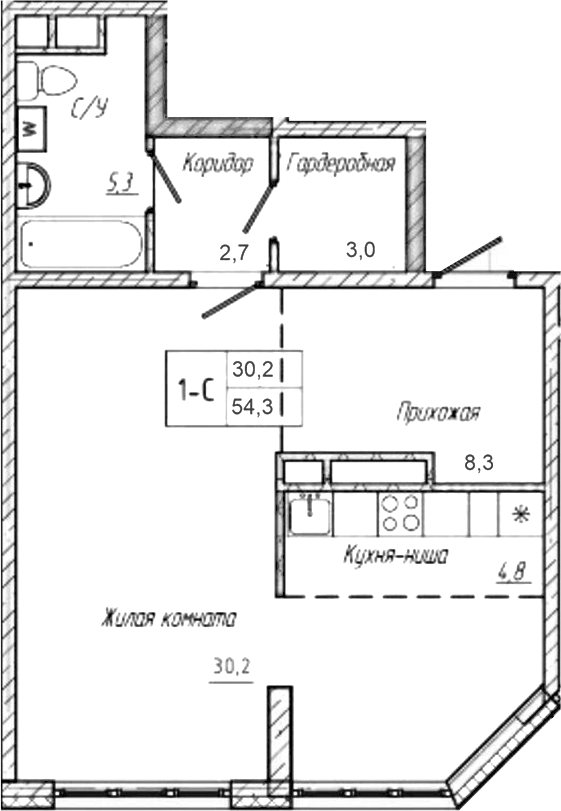 Планировка студии 54.30 м² в ЖК «Шория-Град. Шерегеш»