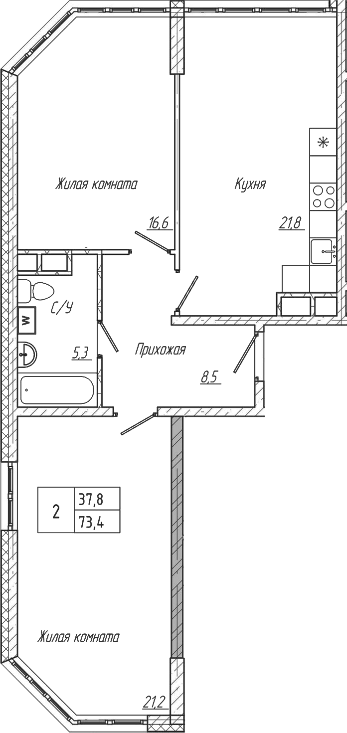 Планировка 2-к.кв 73.40 м² в ЖК «Шория-Град. Шерегеш»